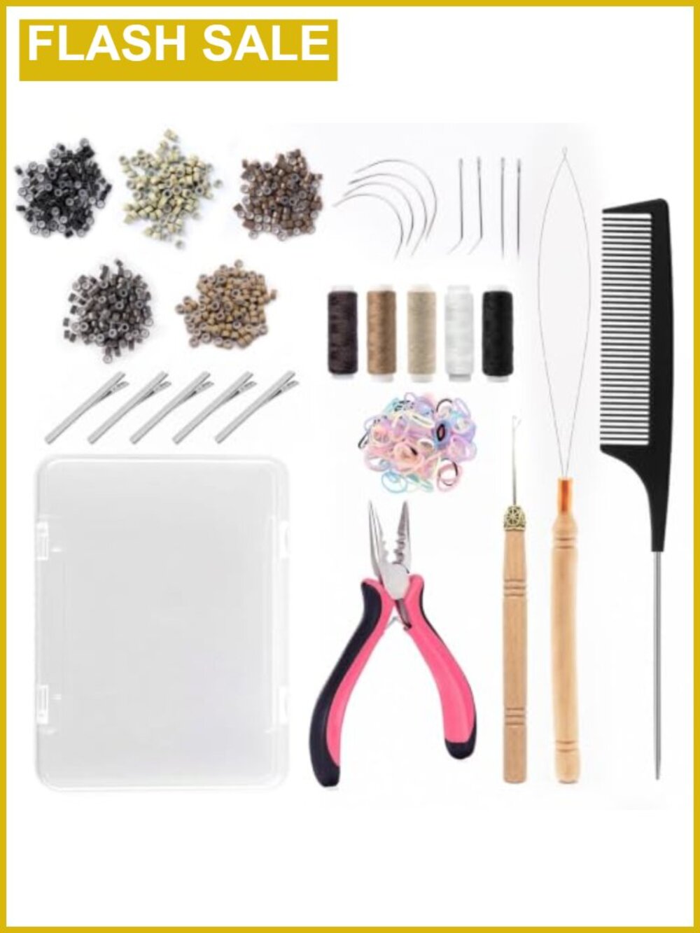 Hair Extension Tool Kit Silicone Beads Pliers Needles Clips Threader Storage Box